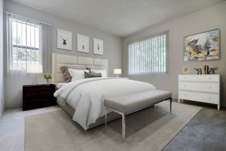 Staged and carpeted bedroom with two windows.