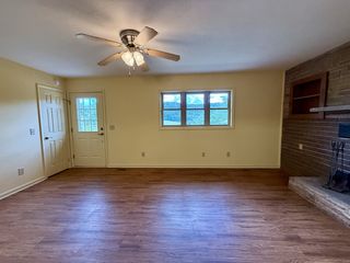 Living area with view of front porch entrance