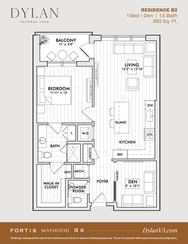 Residence B2 - One Bedroom + Den/Guest Room Plan in Dylan at Potomac Yard, Alexandria, VA 22301