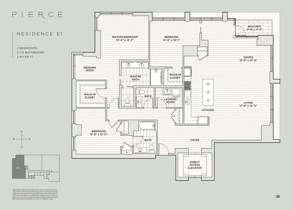 3 Bedroom - E1 Plan in Pierce Condominiums, Arlington, VA 22209